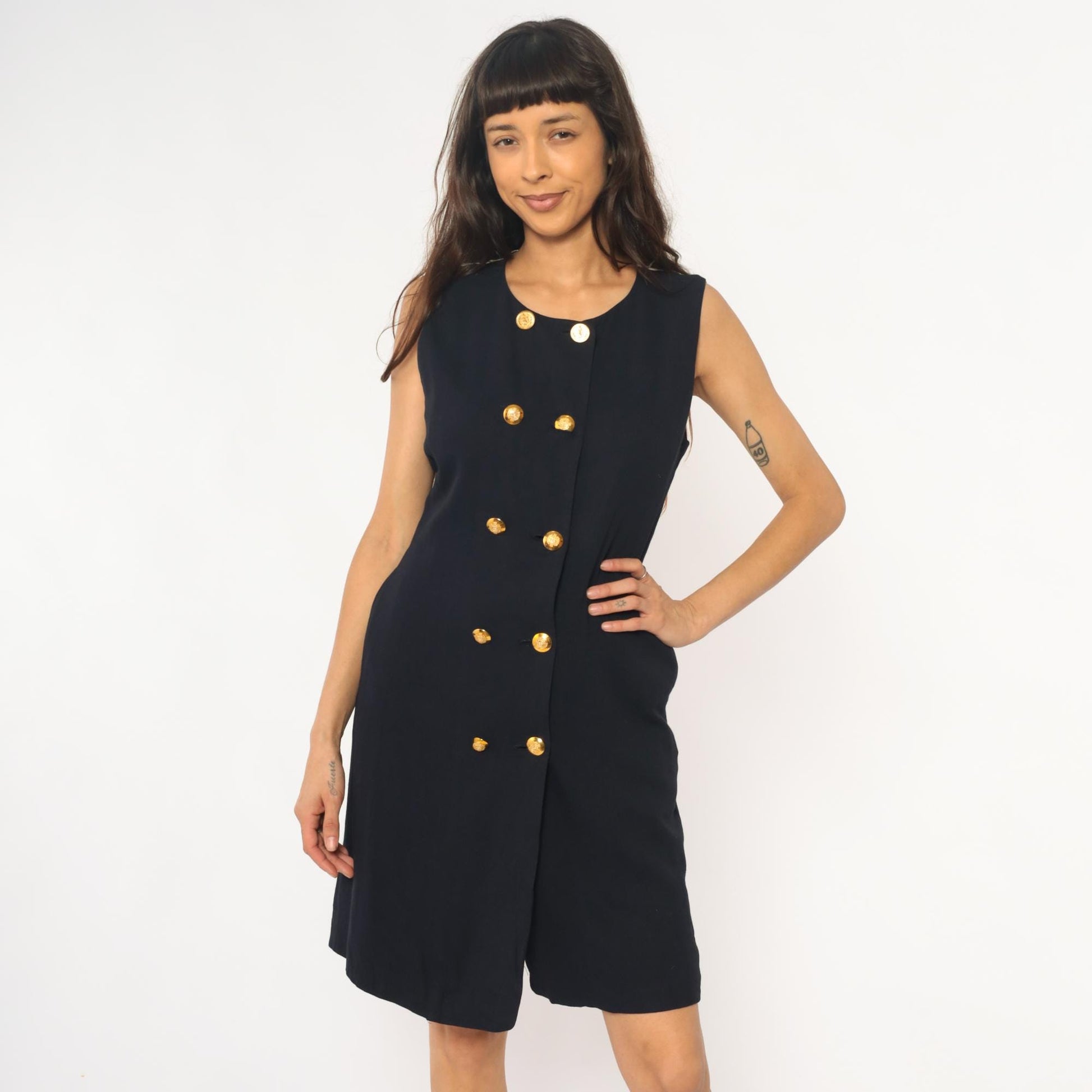 90s Liz Claiborne Navy Nautical Sleeveless Dress Gold Buttons Striped Back Medium