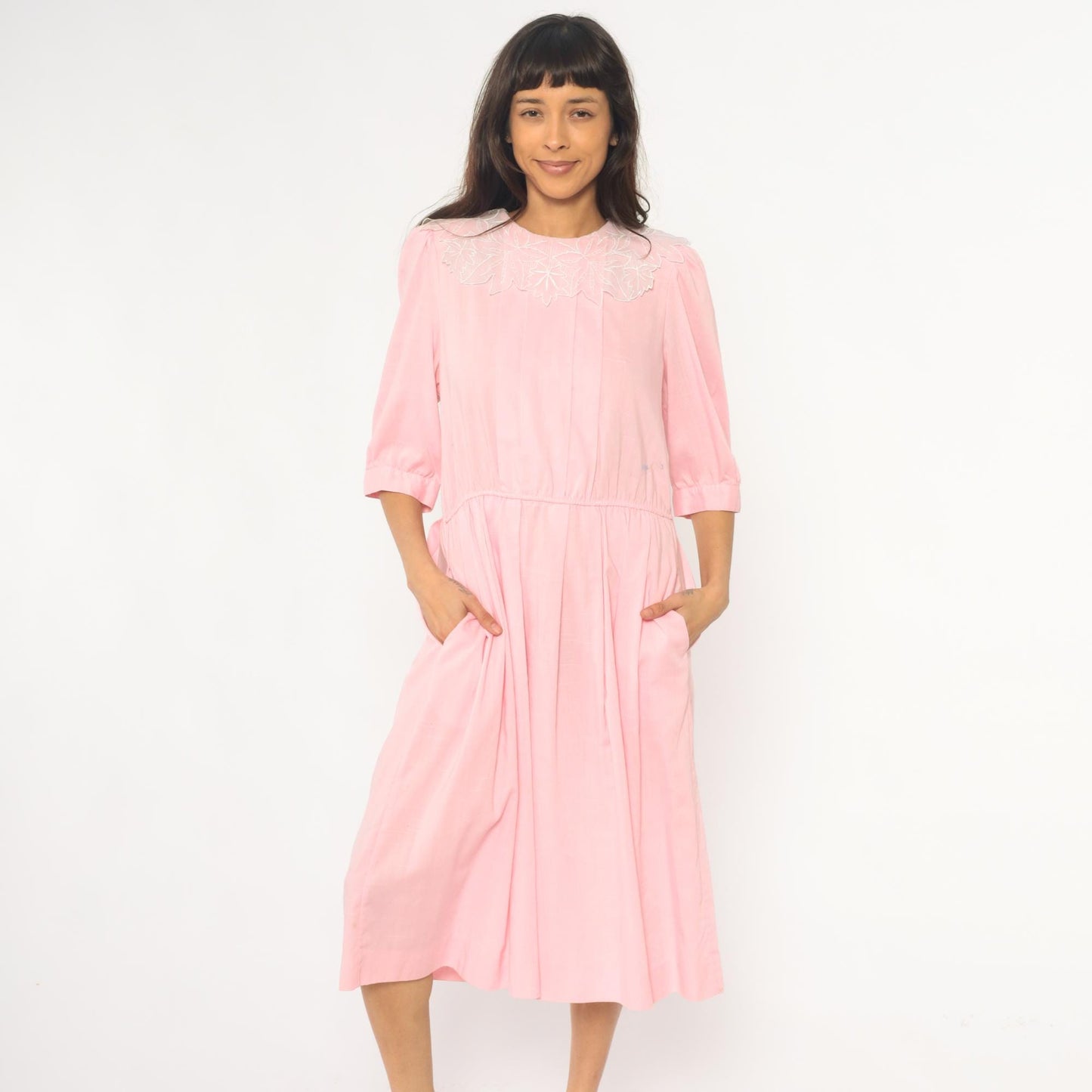 90s Blush Pink Midi Dress Embroidered Floral Collar Puff Sleeve Medium