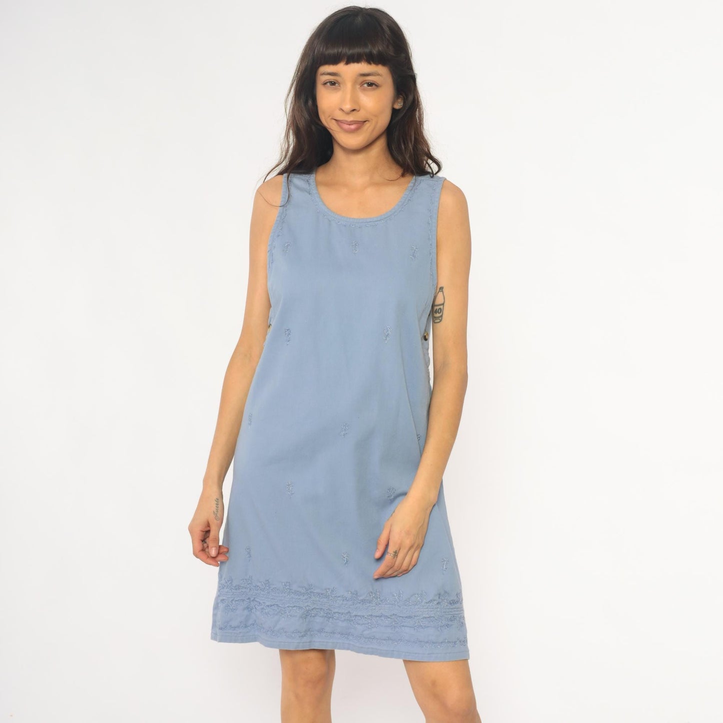 90s Basic Editions Powder Blue Cotton Shift Dress Floral Embroidered Small S