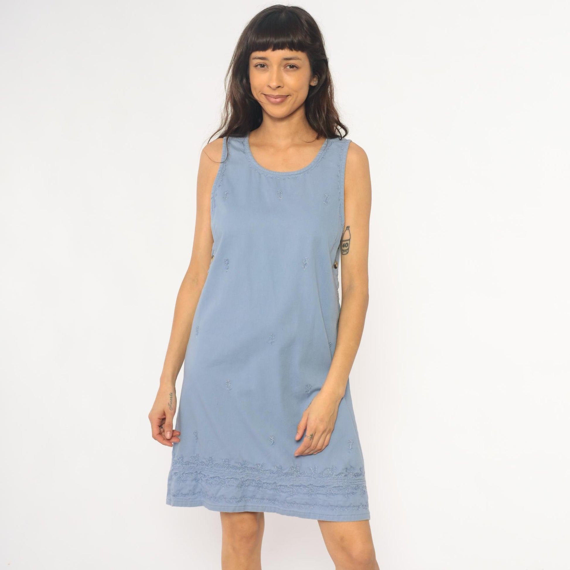 90s Basic Editions Powder Blue Cotton Shift Dress Floral Embroidered Small S