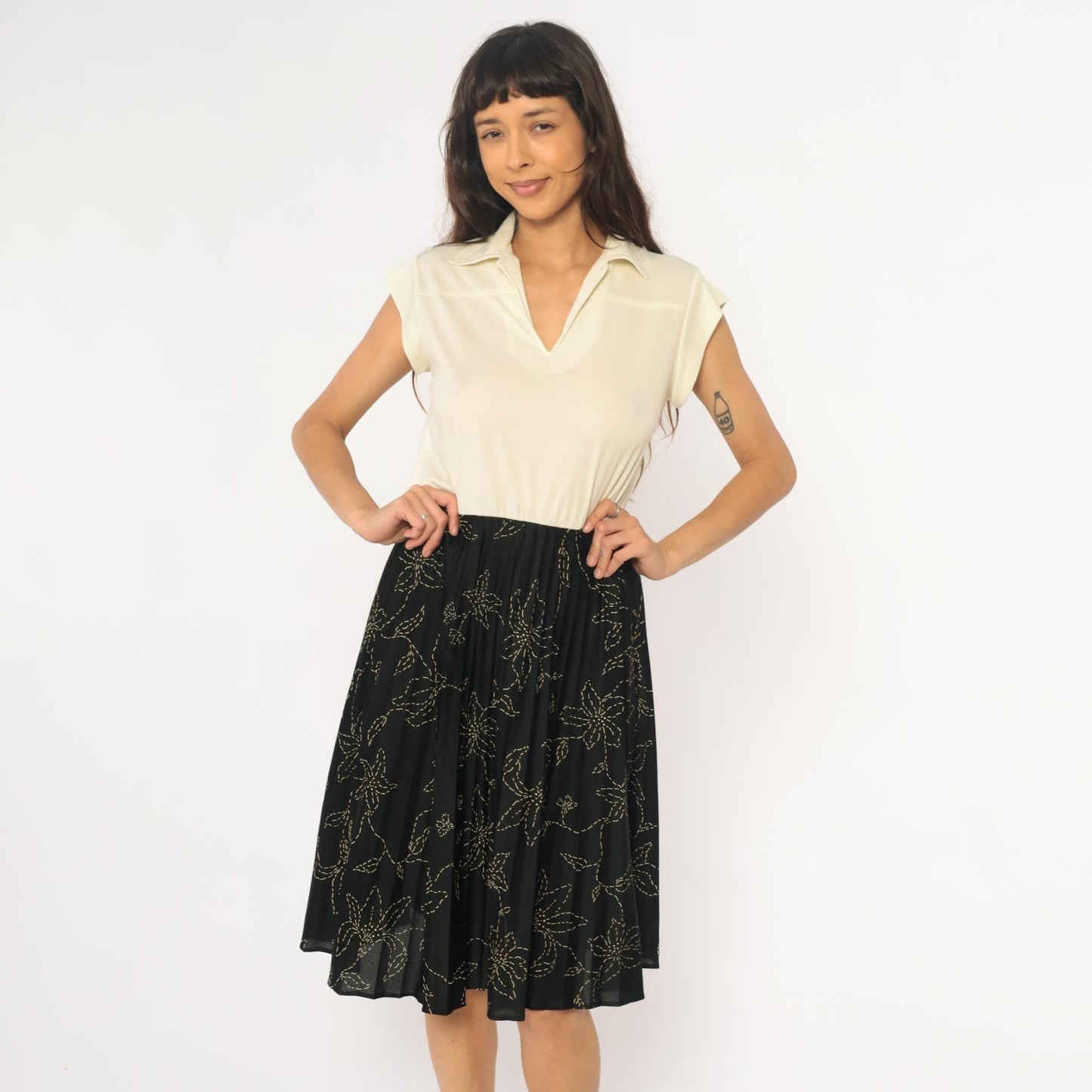 80s Polo Collar Dress Cream Black Floral Colorblock Medium