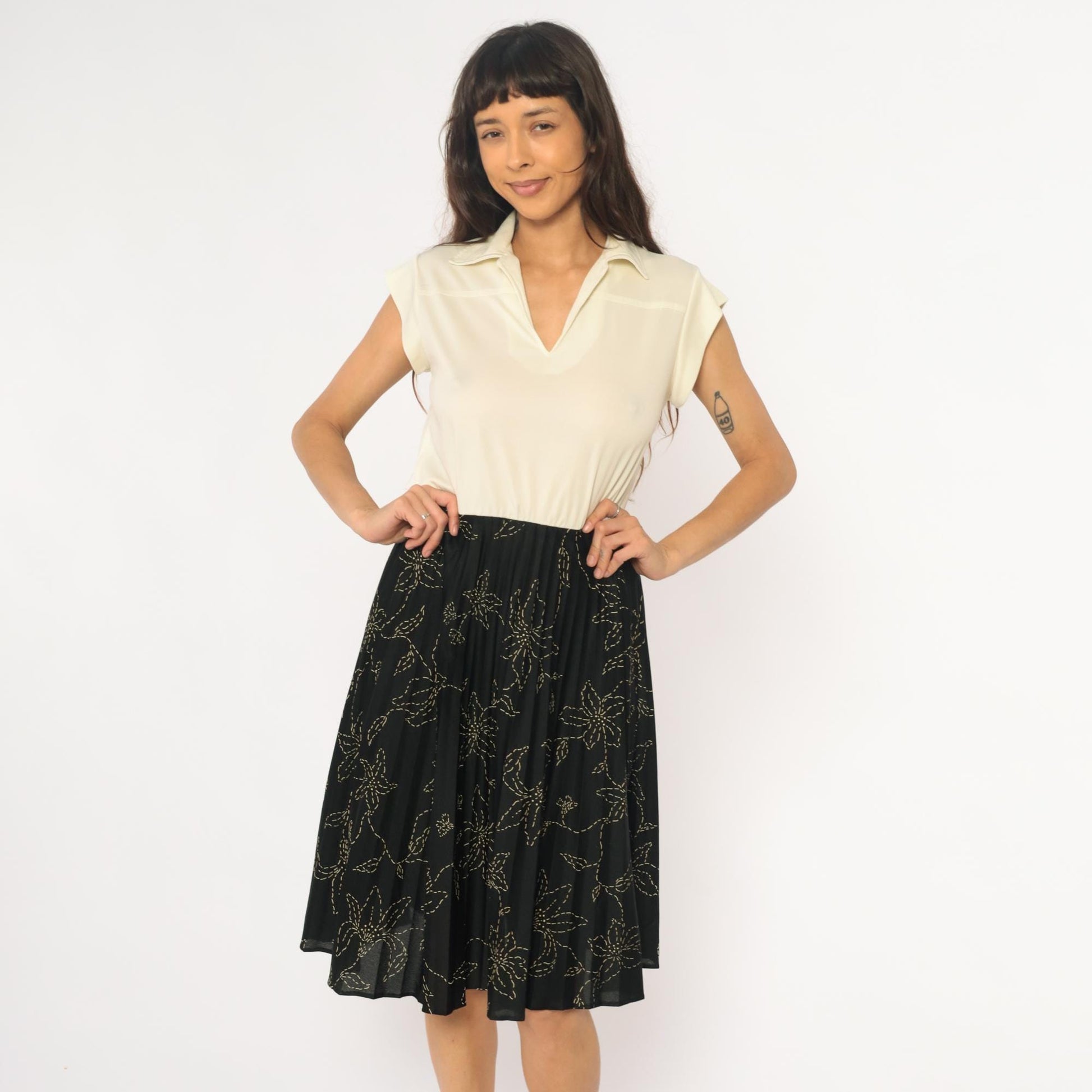 80s Polo Collar Dress Cream Black Floral Colorblock Medium