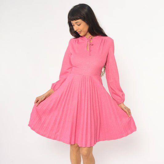 70s Hot Pink Midi Dress Mock Neck Pleated Skirt Bishop Sleeve Extra Small XS