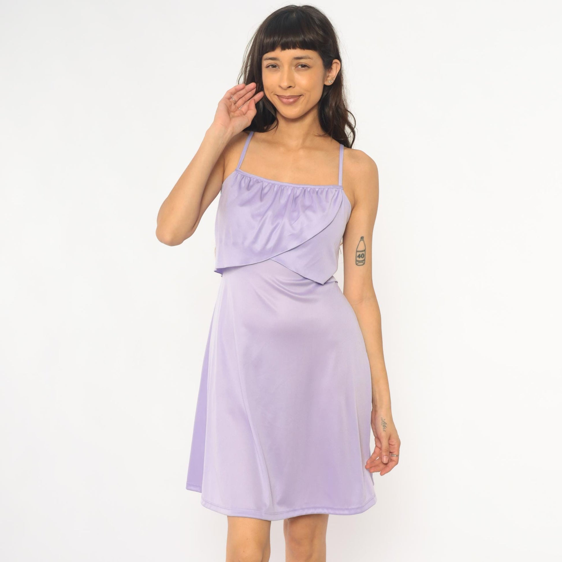 70s Lavender Spaghetti Strap Slip Dress Gathered Bodice Knee Length Extra Small XS