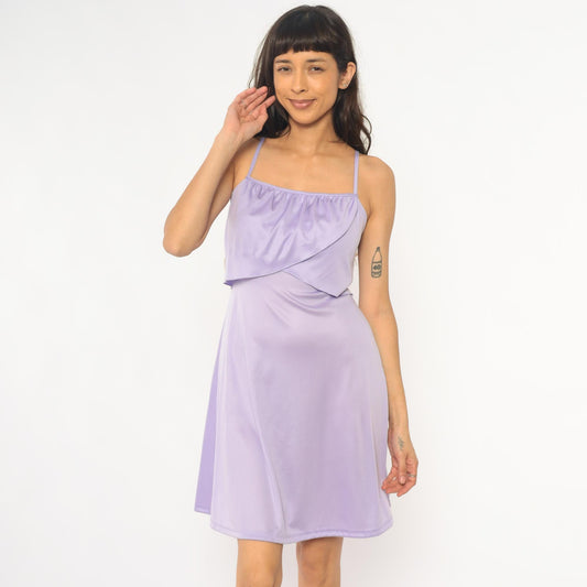 70s Lavender Spaghetti Strap Slip Dress Gathered Bodice Knee Length Extra Small XS