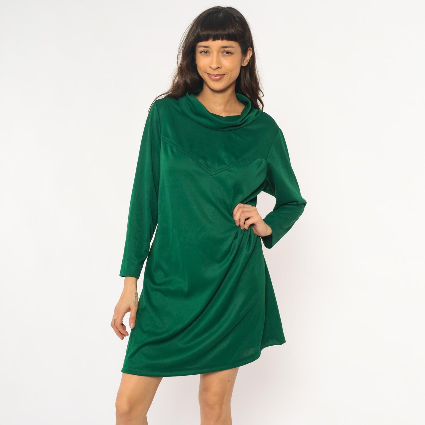 70s Sears Green Velvet Cowl Neck Dress Chevron Knee-Length Extra Large