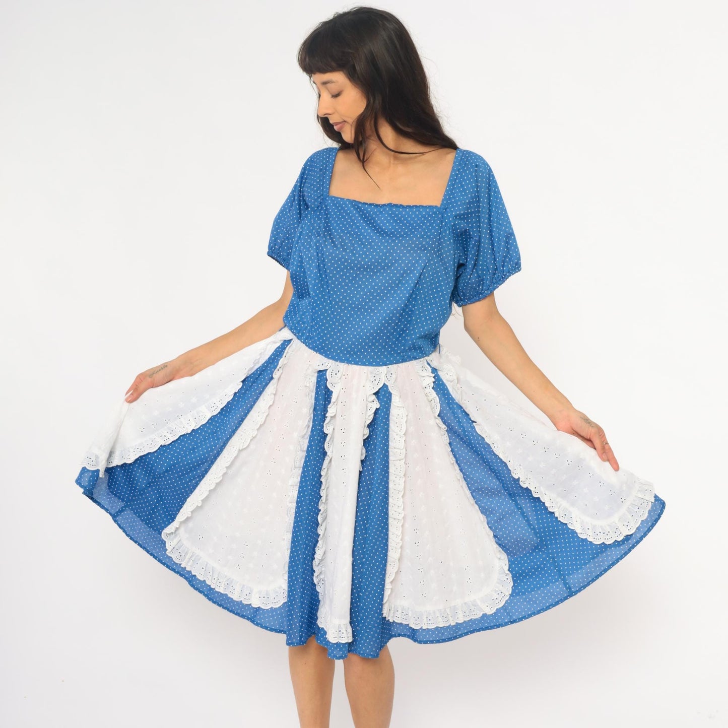 80s Blue Polka Dot Square Dance Dress Puff Sleeve Eyelet Lace Mini Large