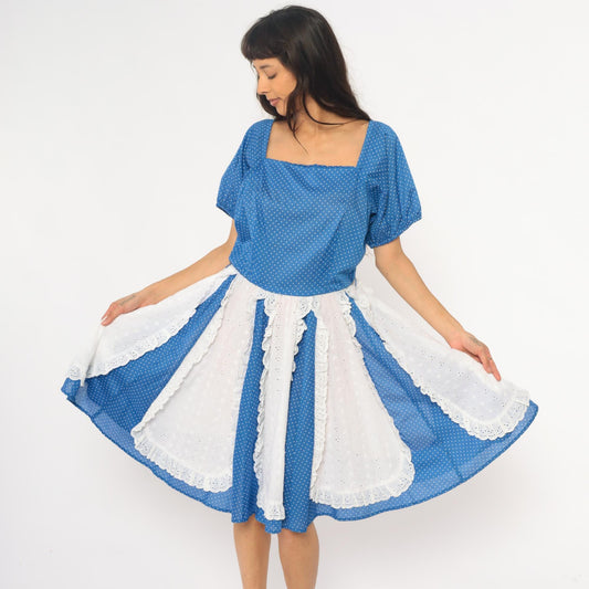 80s Blue Polka Dot Square Dance Dress Puff Sleeve Eyelet Lace Mini Large