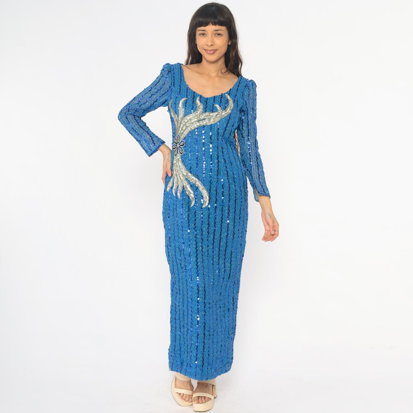 80s Blue Sequin Maxi Dress Long Sleeve V-Neck Silver Motif Small Medium