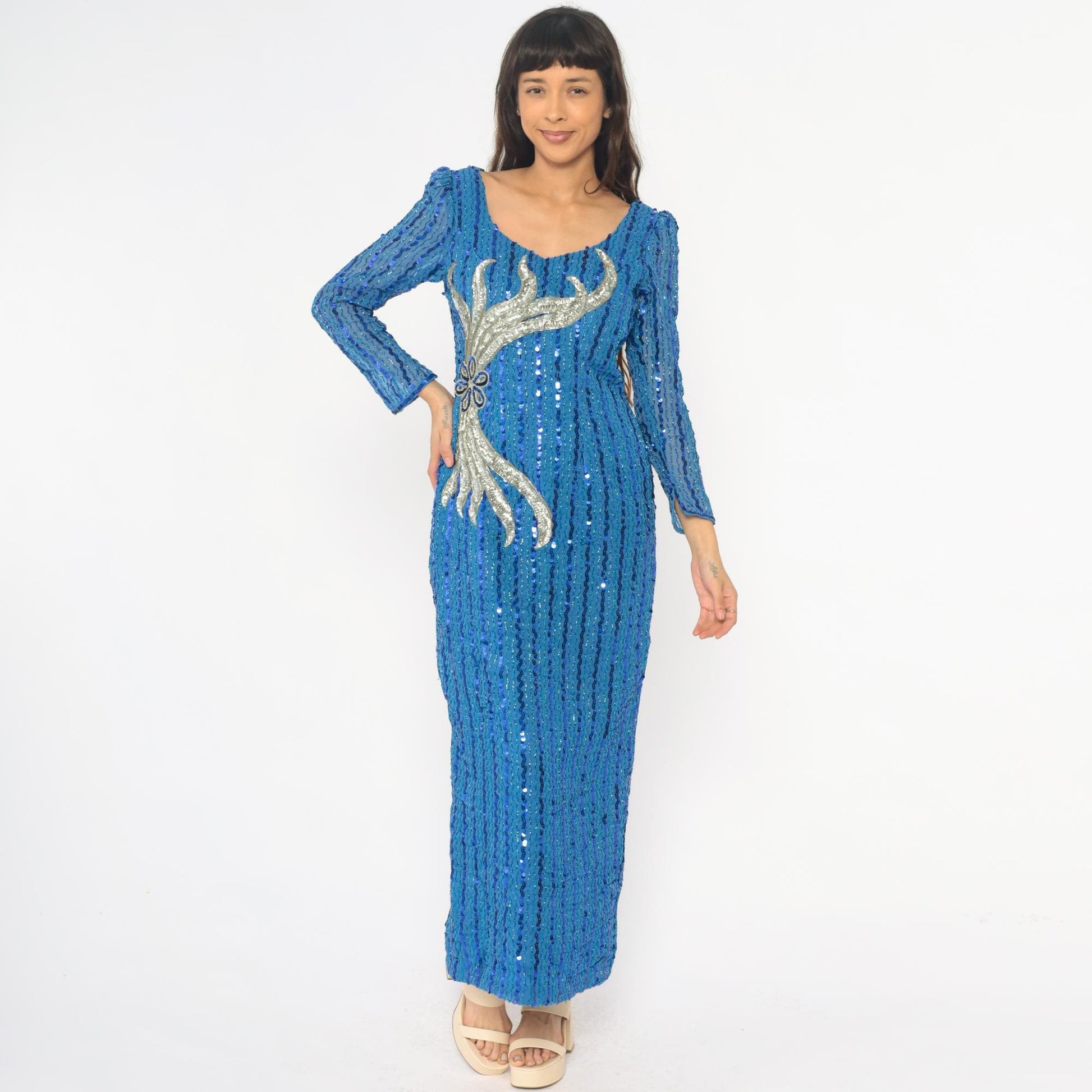 80s Blue Sequin Maxi Dress Long Sleeve V-Neck Silver Motif Small Medium
