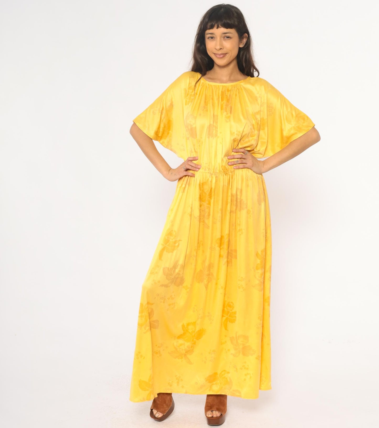 70s Yellow Floral Maxi Dress Flutter Sleeve Gathered Waist Medium Large
