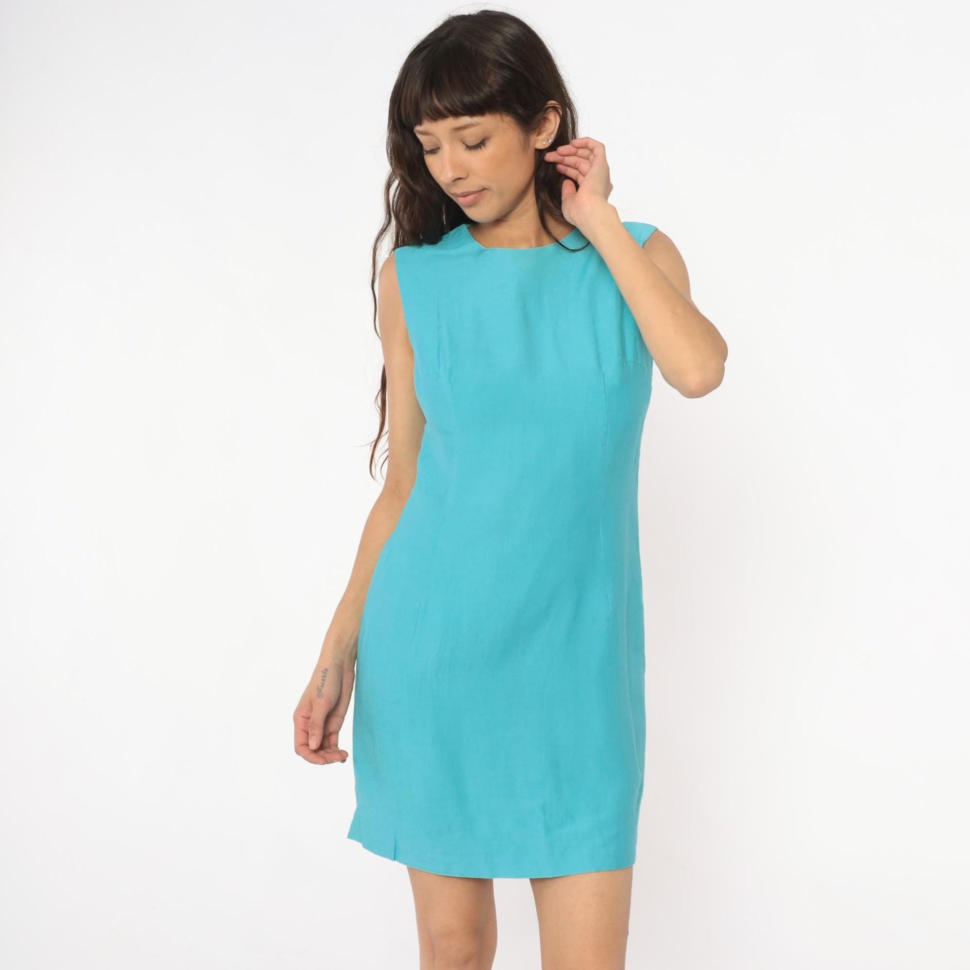 60s Turquoise Shift Dress Sleeveless Mini Mod A-Line Extra Small XS