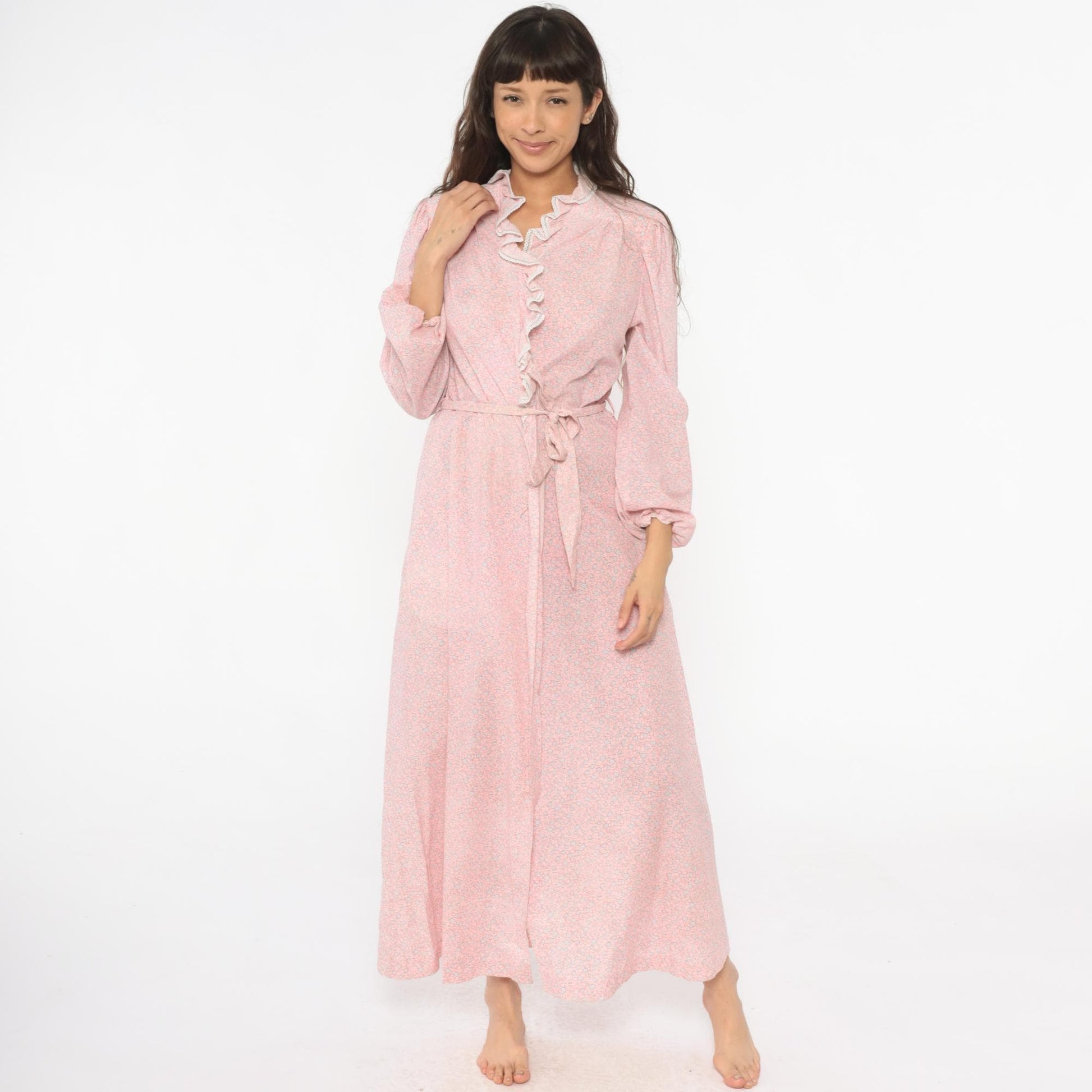 70s Pink Floral Wrap Robe Lace Trim Long Sleeve Nightgown Medium M