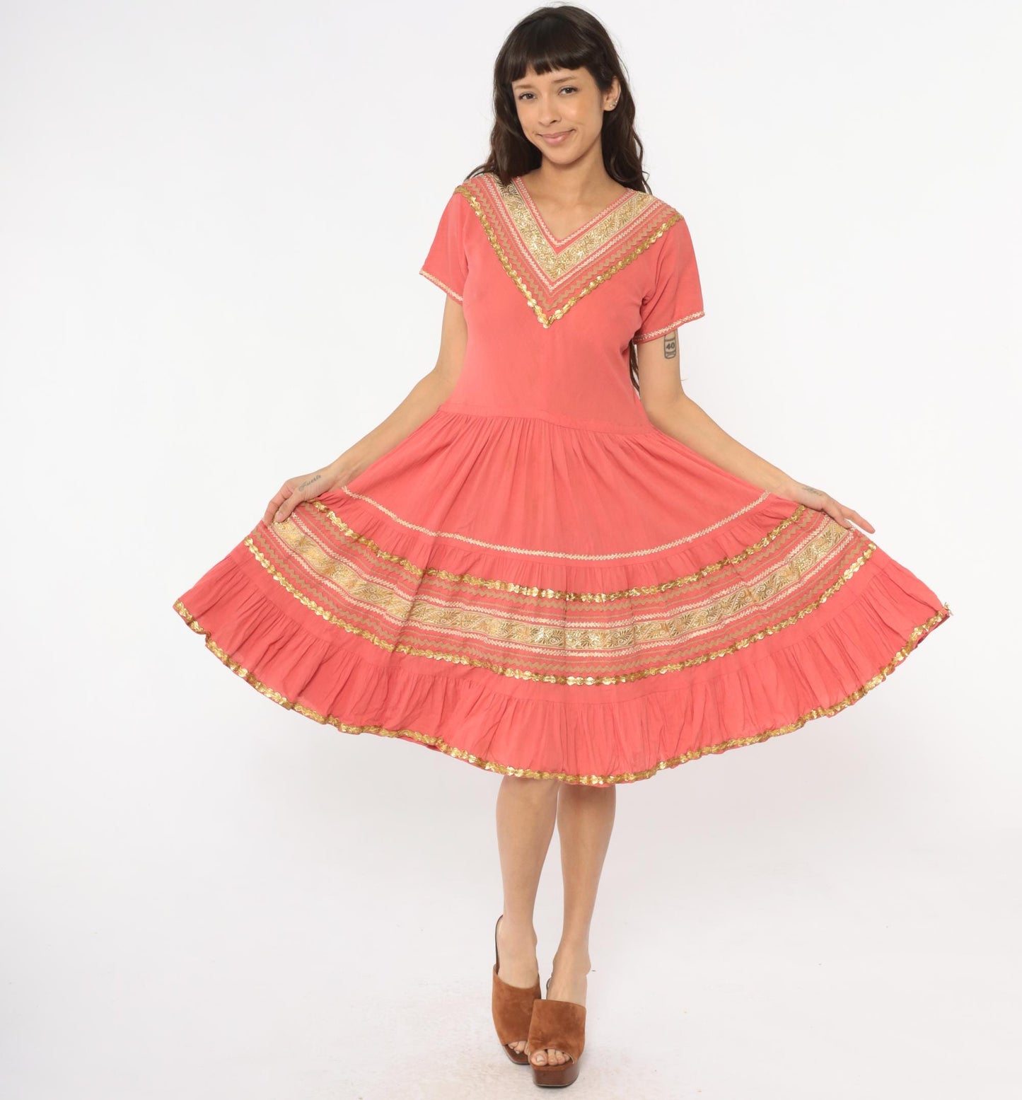 60s Faye Creations Prairie Dress Coral Pink Gold Trim Tiered Cotton Medium M