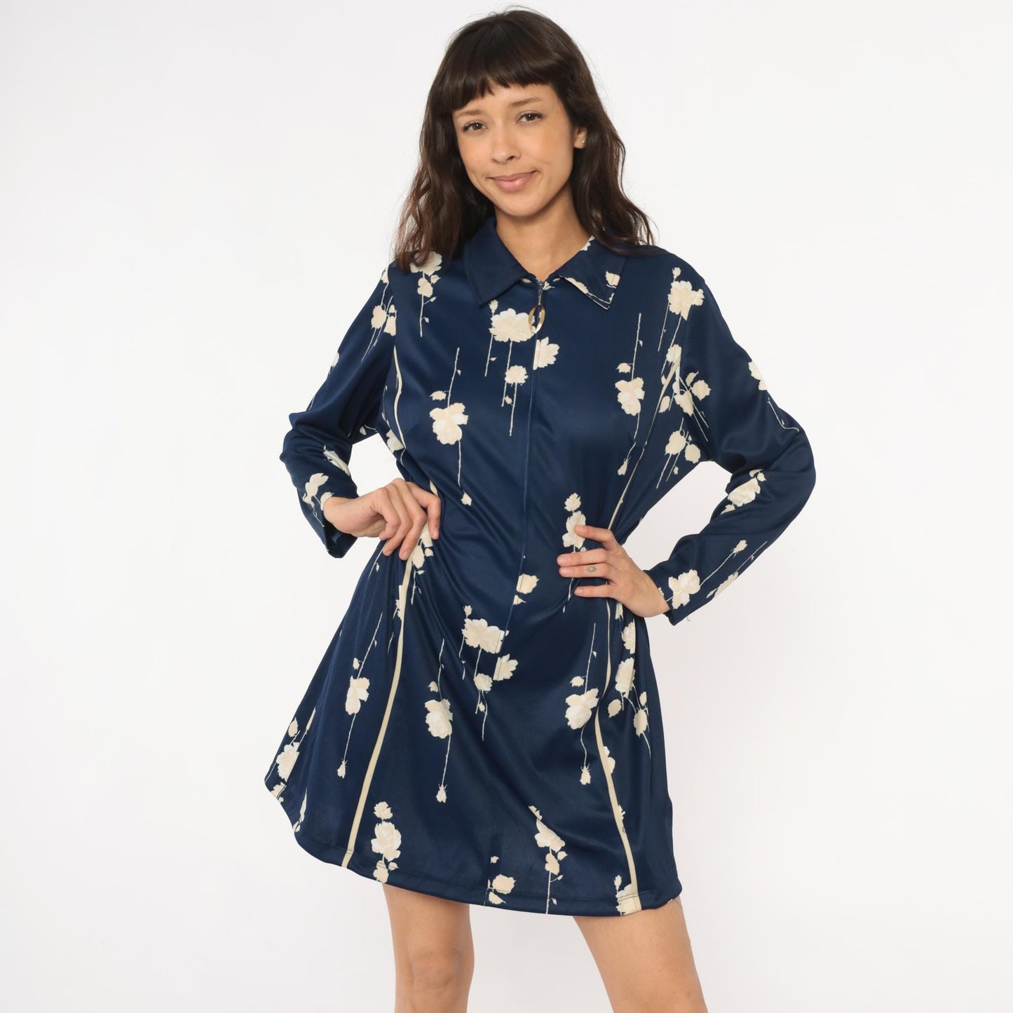 70s Lorac Floral Shirt Dress Dark Blue Cream Pointed Collar Knee Length Medium