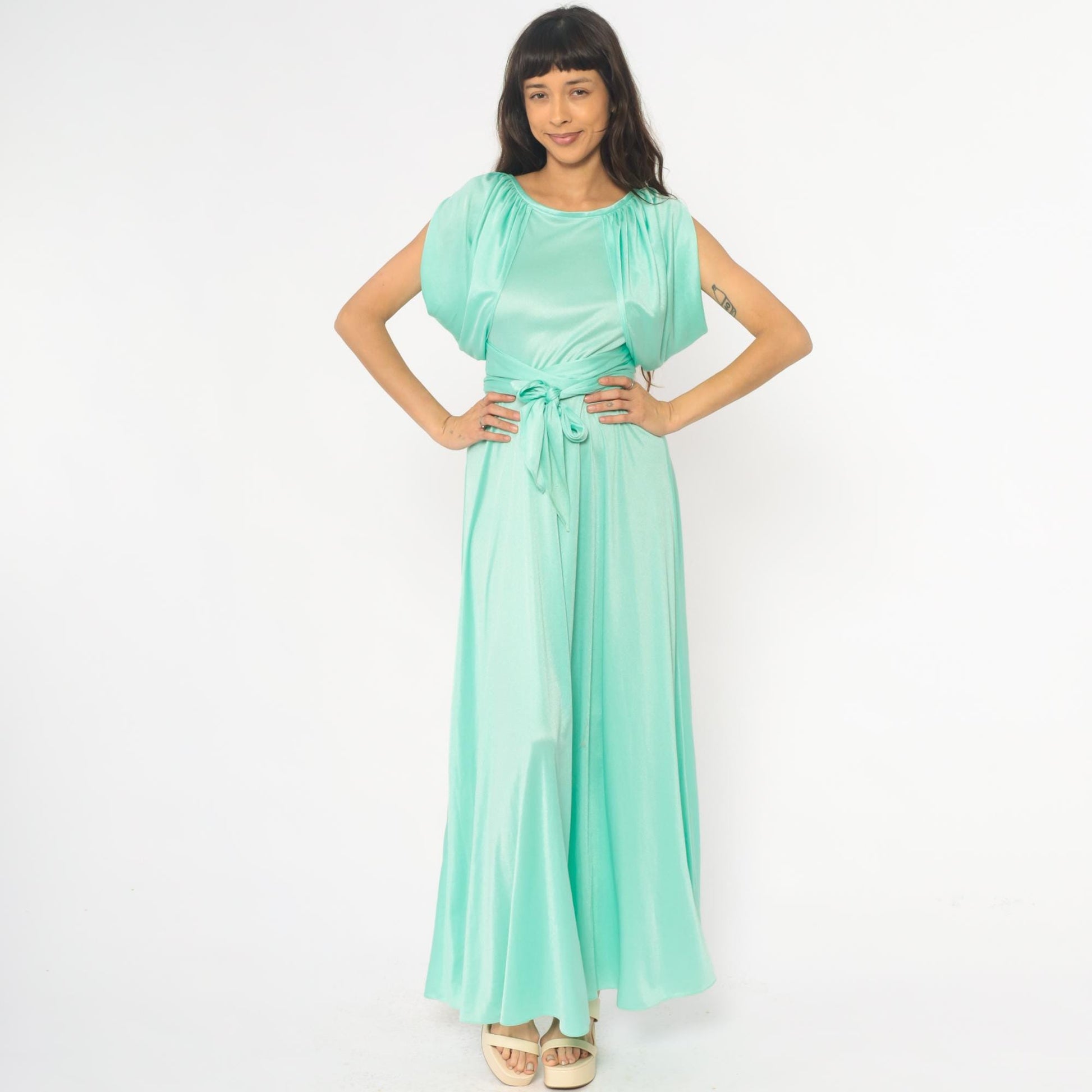 70s Mint Green Maxi Dress Ruched Neckline Tie Belt Sleeveless Small