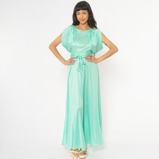 70s Mint Green Maxi Dress Ruched Neckline Tie Belt Sleeveless Small