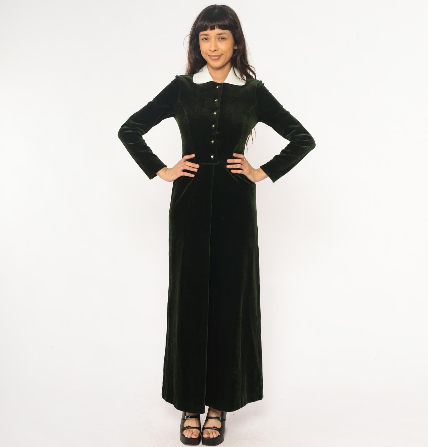 70s Dark Emerald Velvet Maxi Dress White Collar Long Sleeve Extra Small