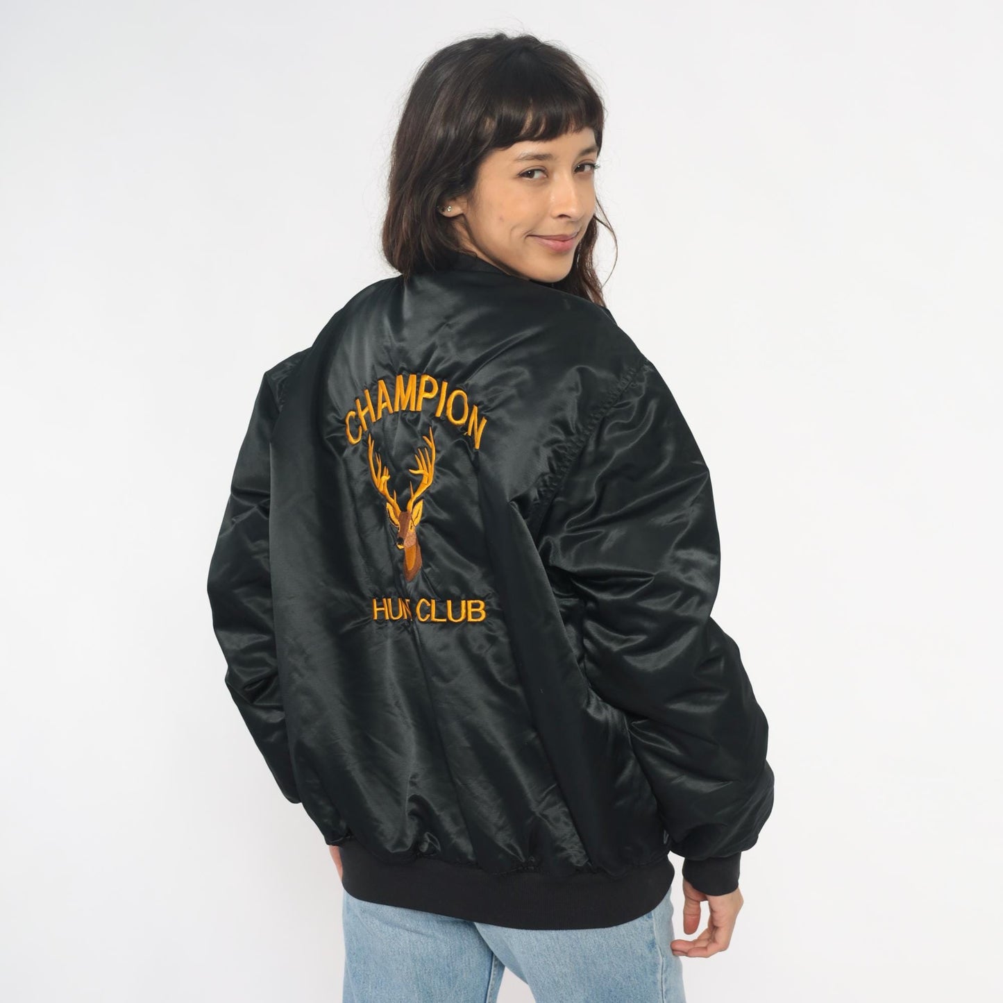 90s Black Satin Bomber Jacket Embroidered Champion Hunt Club Deer Large