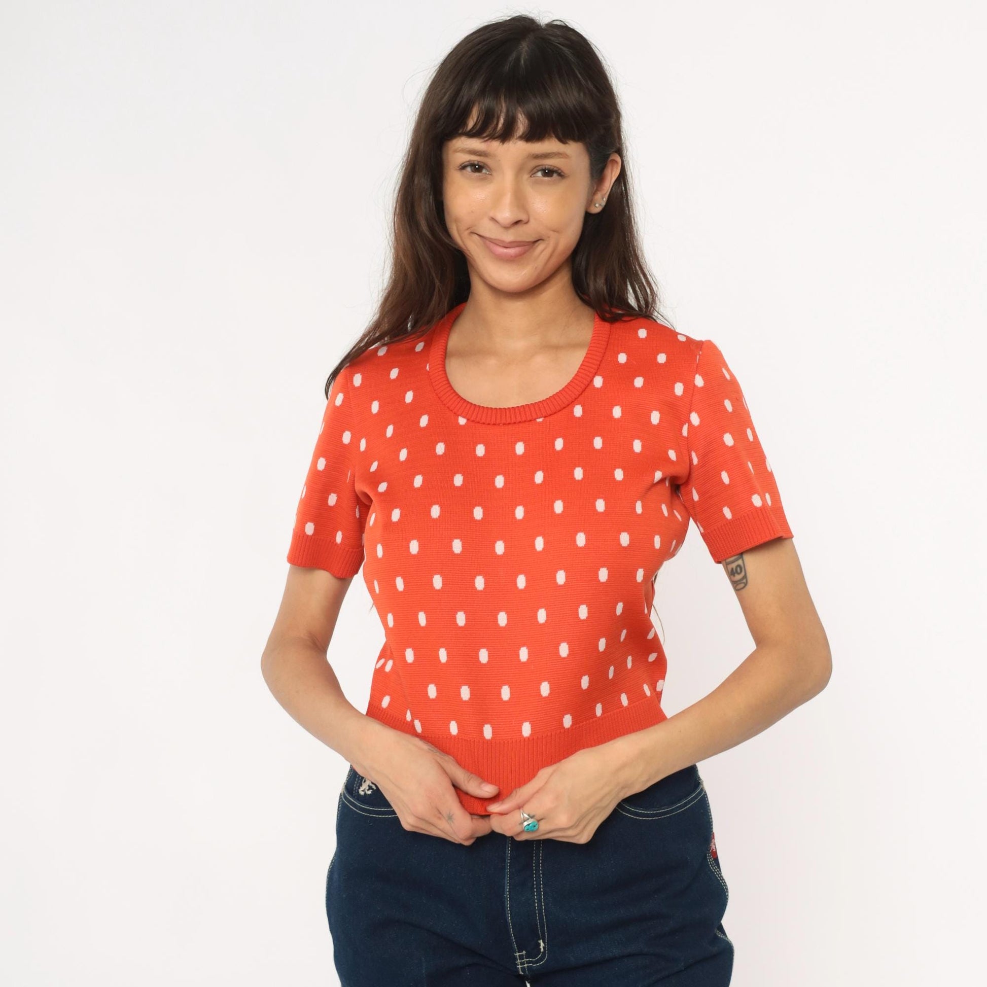 70s Coral Polka Dot Sweater Top Short Sleeve Cropped Knit Zip Back Medium