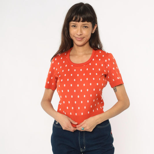 70s Coral Polka Dot Sweater Top Short Sleeve Cropped Knit Zip Back Medium