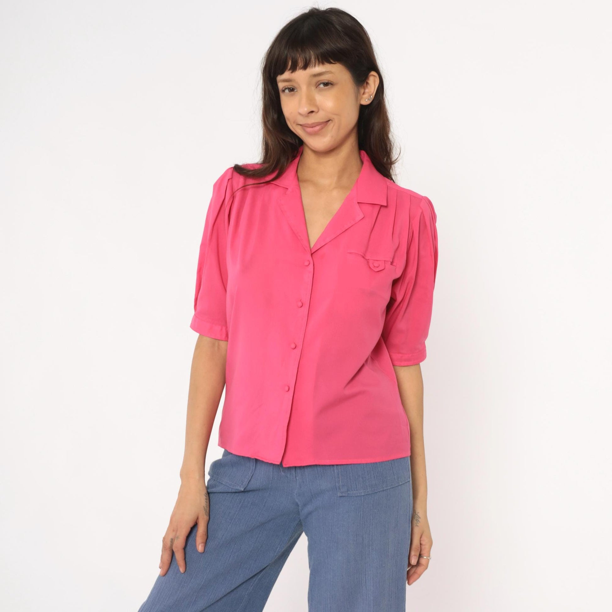 80s Hot Pink Josephine Blouse Puff Sleeve Button Front Power Dressing Medium