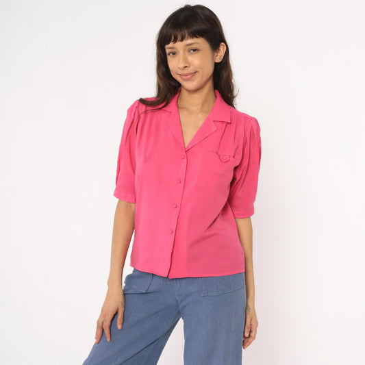 80s Hot Pink Josephine Blouse Puff Sleeve Button Front Power Dressing Medium