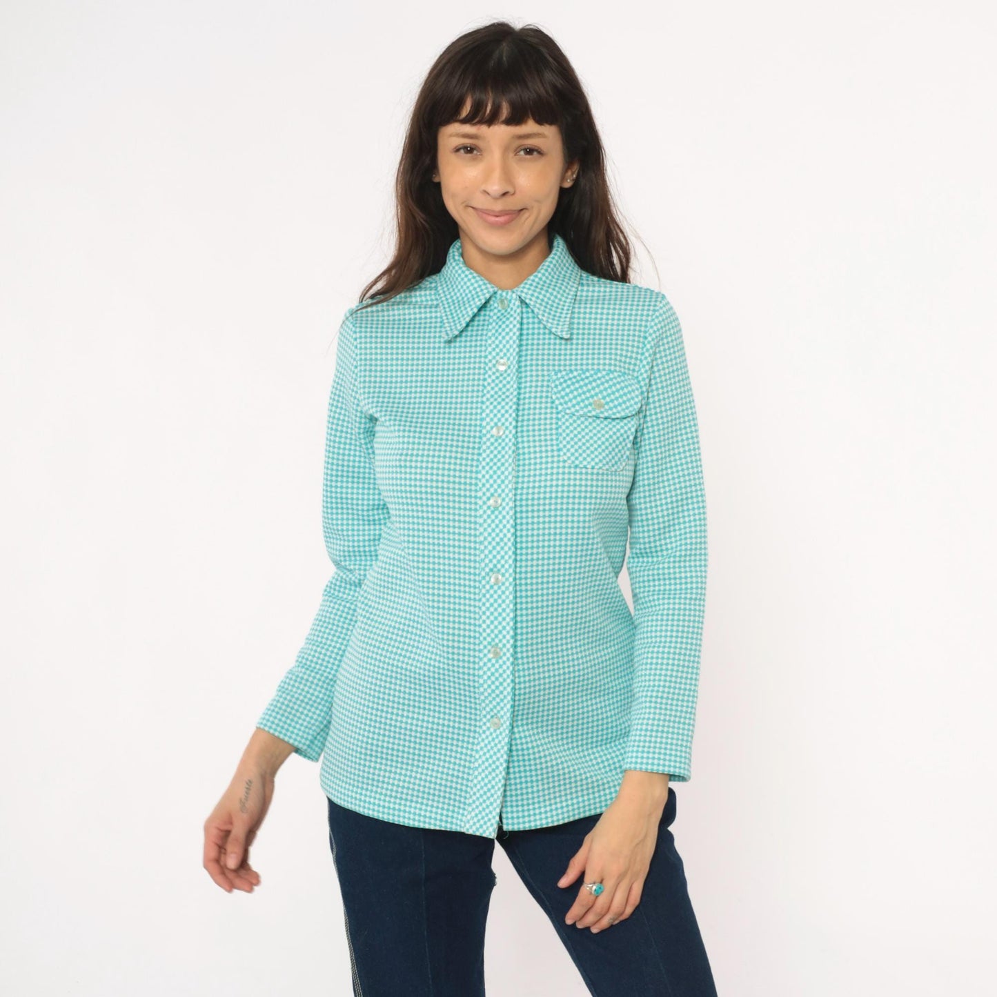 70s Turquoise Gingham Button-Front Shirt Chest Pocket Long Sleeve Small