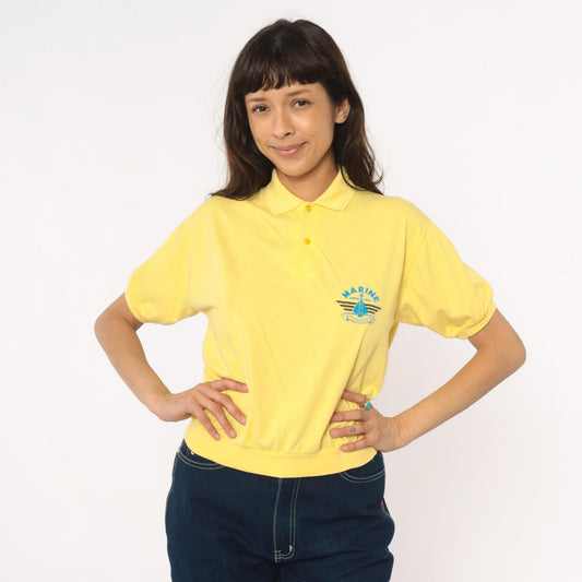 80s Yellow Polo Shirt Marine Seafarer Sailboat Graphic Collared Medium