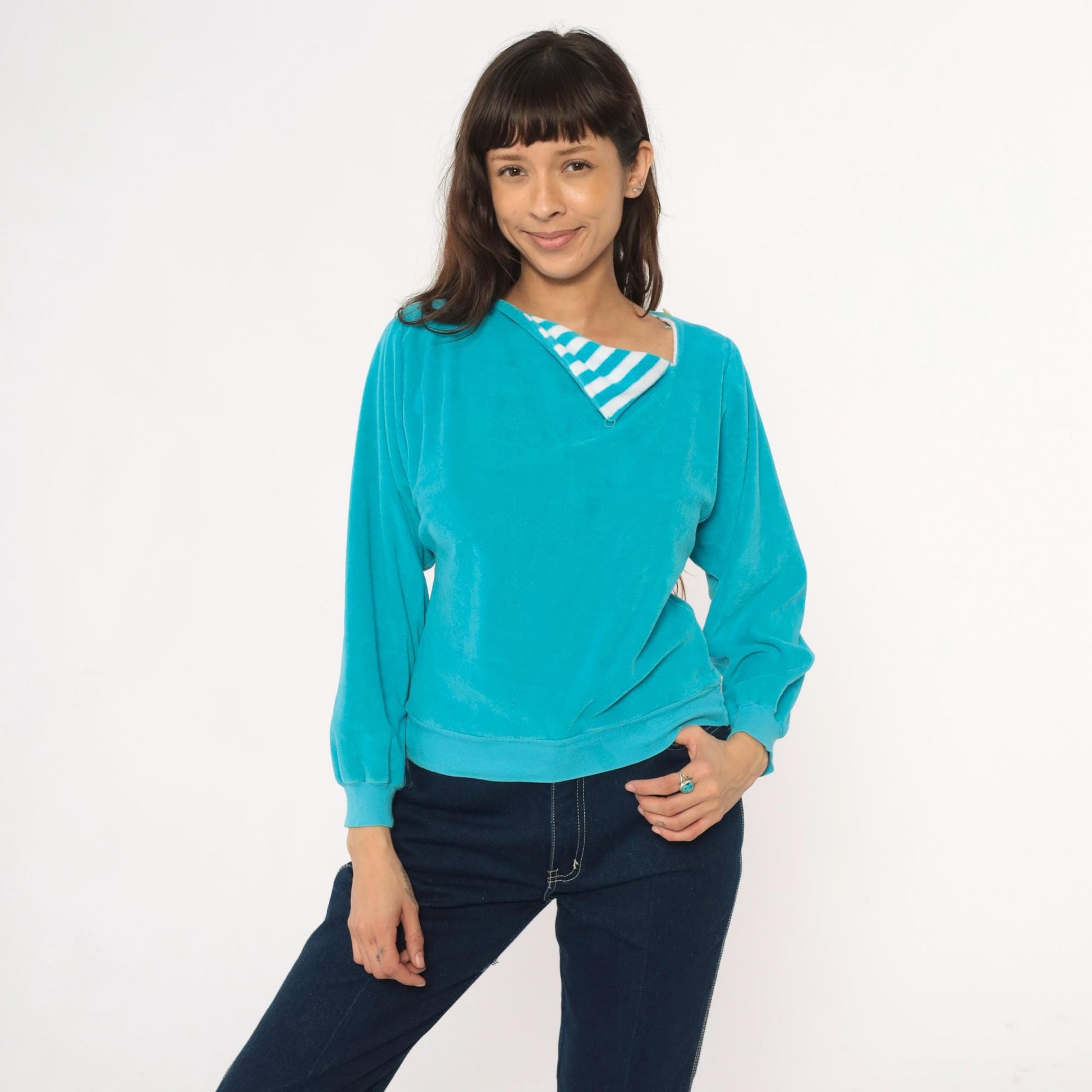 80s Terrycloth Sweatshirt Teal Asymmetrical Neck Striped Collar Pullover Small