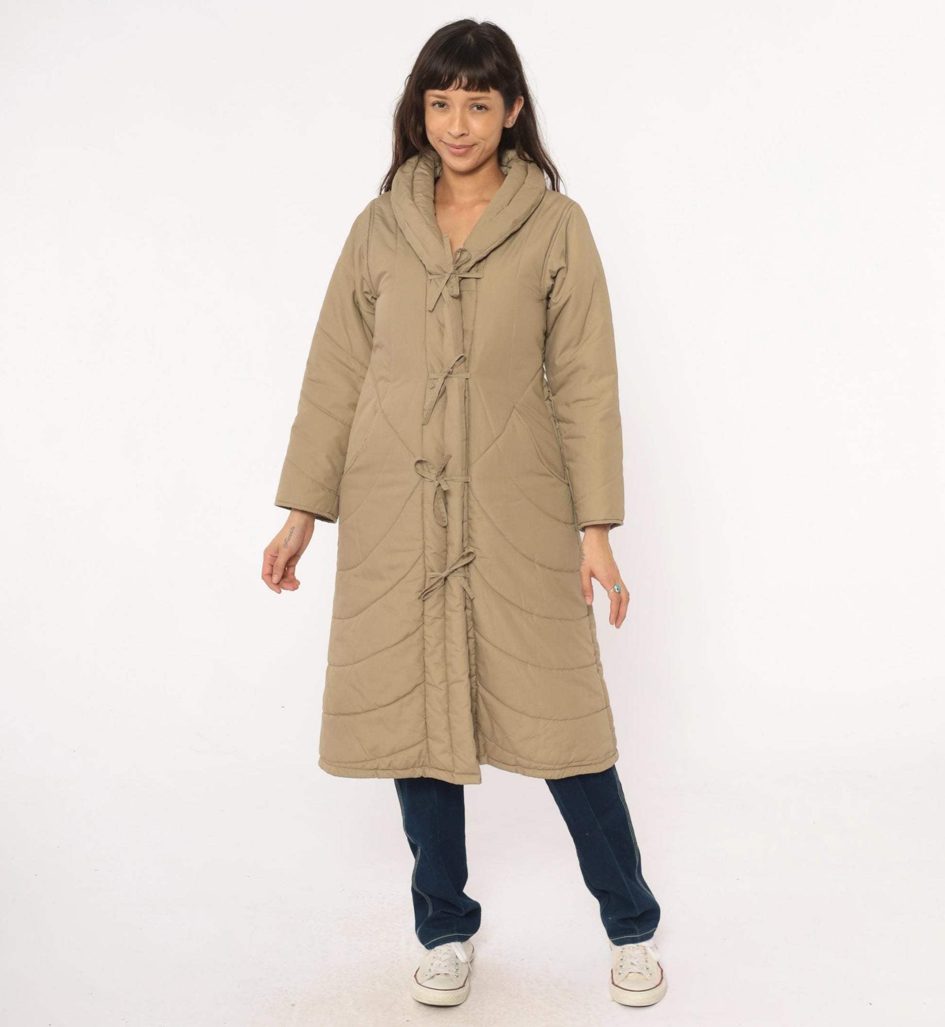 80s Tan Quilted Parka Jacket Chevron Shawl Collar Tie Front Duster Extra Small XS