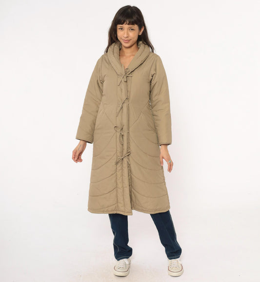 80s Tan Quilted Parka Jacket Chevron Shawl Collar Tie Front Duster Extra Small XS