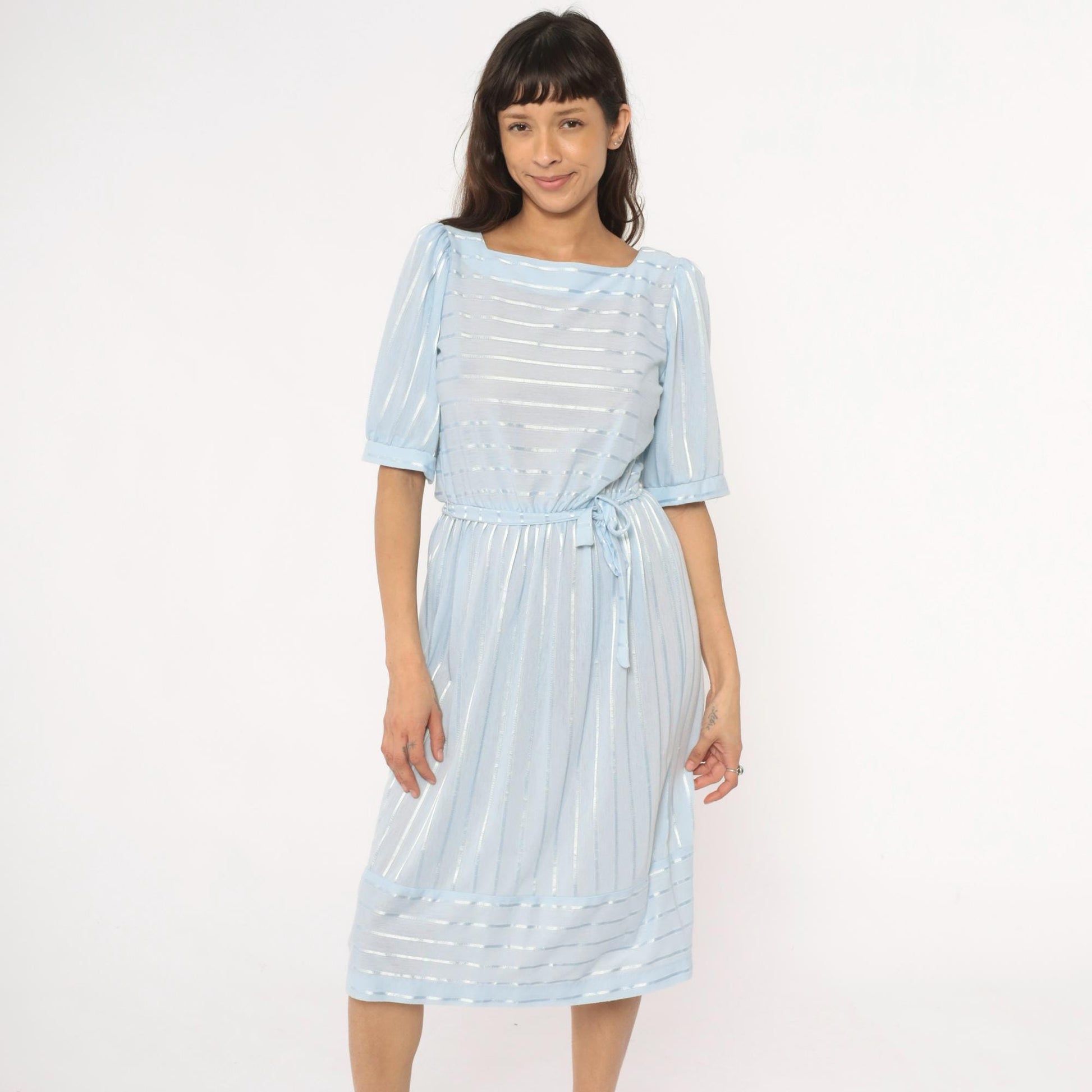 80s Baby Blue Striped Midi Dress Puff Sleeve Boat Neck Cotton Medium