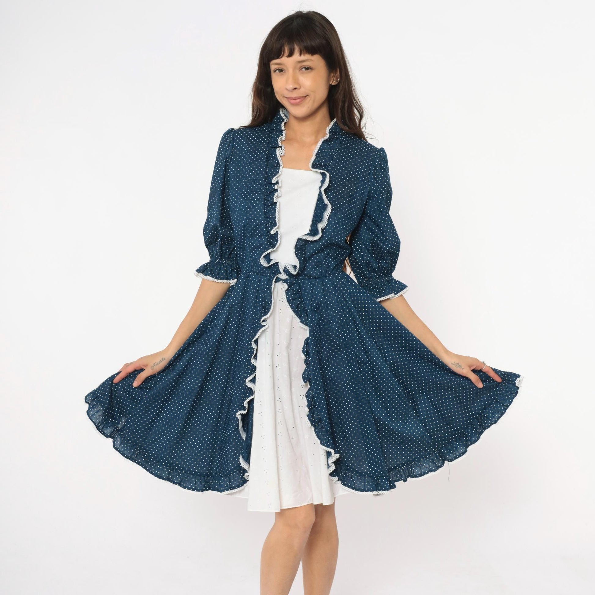 80s Navy Polka Dot Square Dance Dress White Eyelet Ruffle Cotton Small