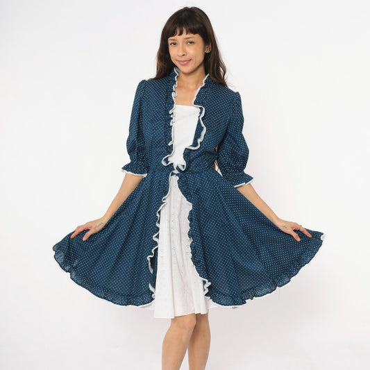80s Navy Polka Dot Square Dance Dress White Eyelet Ruffle Cotton Small