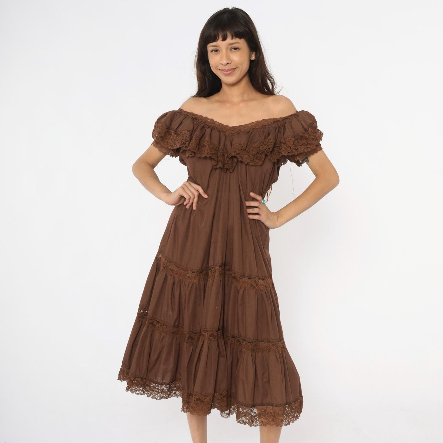 80s Brown Tiered Prairie Dress Lace Trim Cap Sleeve Midi Medium Large