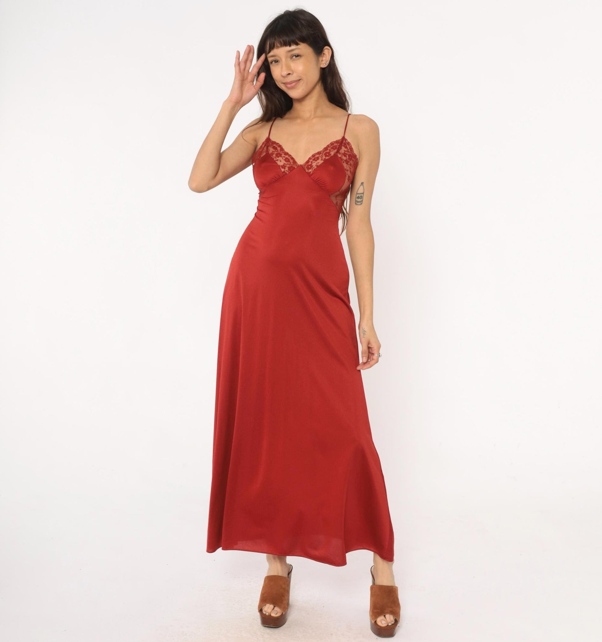 70s Blanche by Ralph Montenero Rust Slip Dress Empire Waist Lace Small
