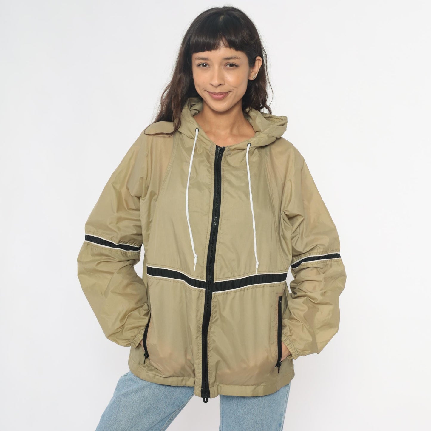90s Tan Windbreaker Jacket Hooded Striped Black White Nylon Small