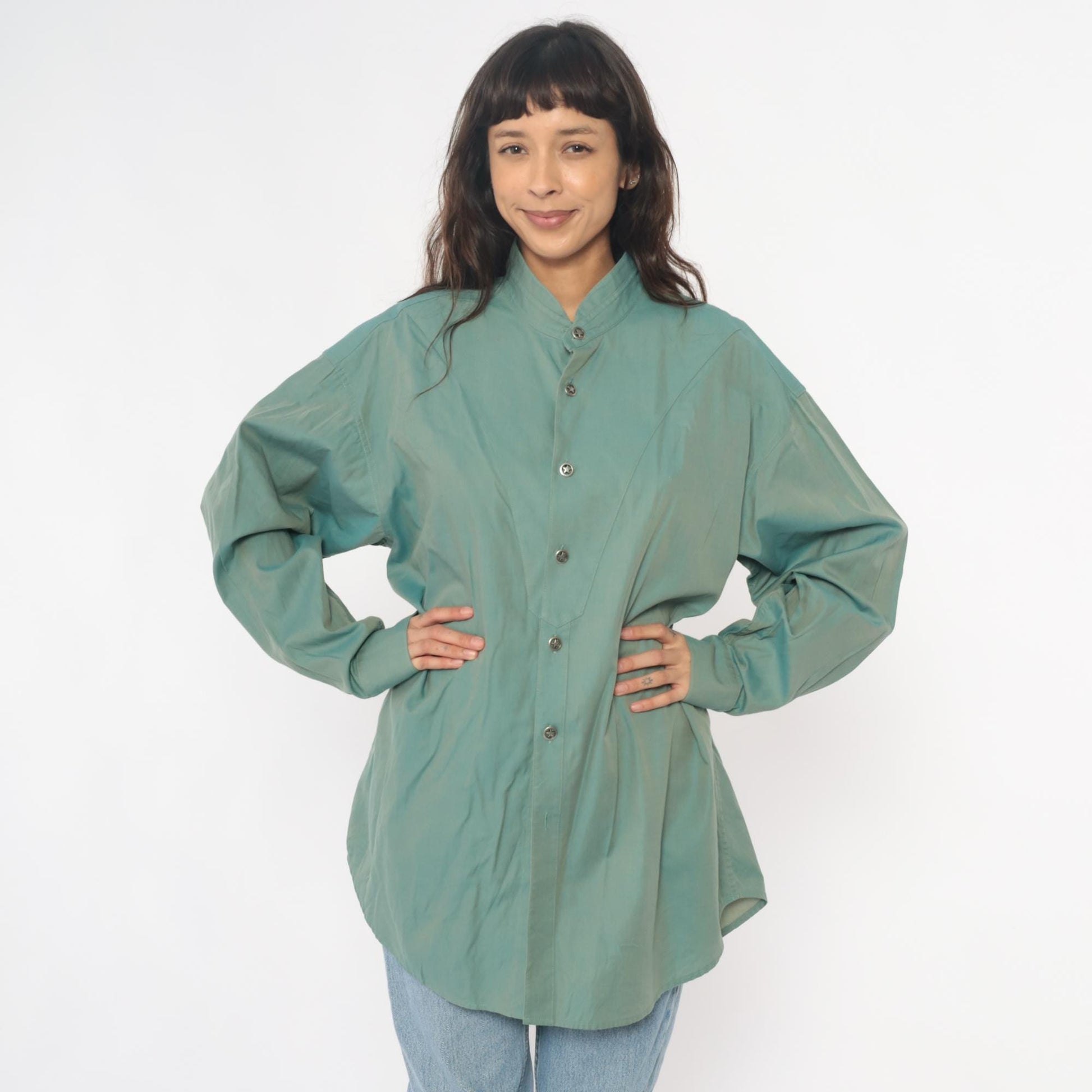 90s Stubbs Sage Green Western Shirt Mandarin Collar Button Front Extra Large XL
