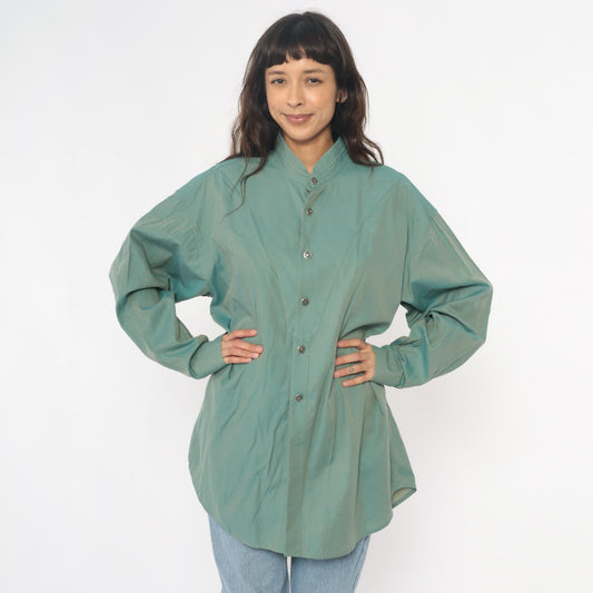 90s Stubbs Sage Green Western Shirt Mandarin Collar Button Front Extra Large XL