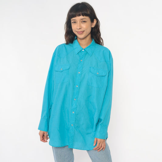 80s Sheplers Turquoise Western Shirt Pearl Snap Collared Long Sleeve Large