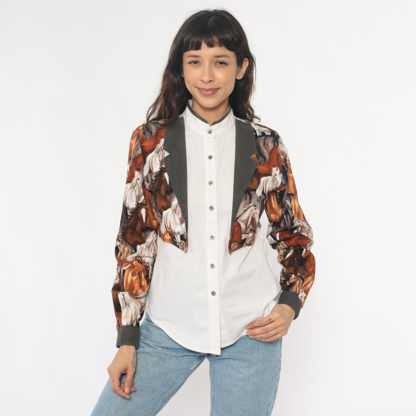 90s Roughrider Western Horse Print Button-Up Blouse White Small
