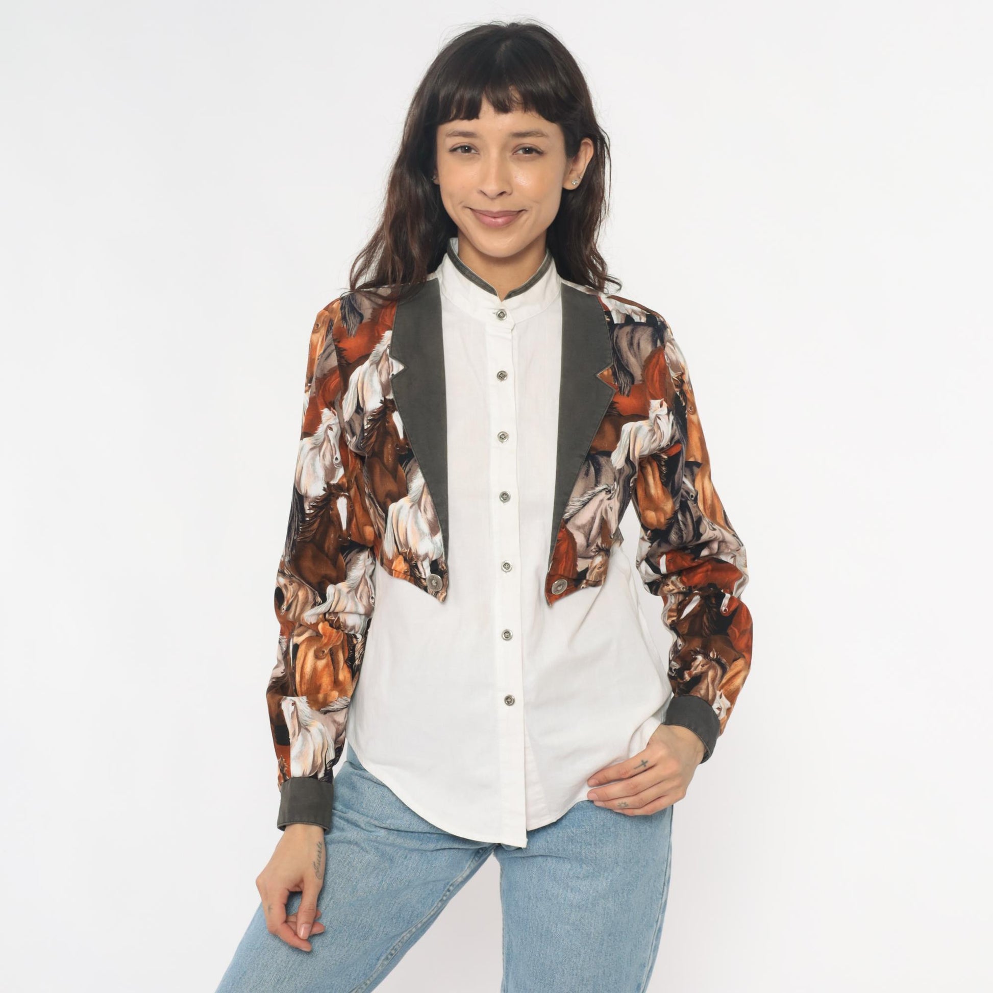 90s Roughrider Western Horse Print Button-Up Blouse White Small