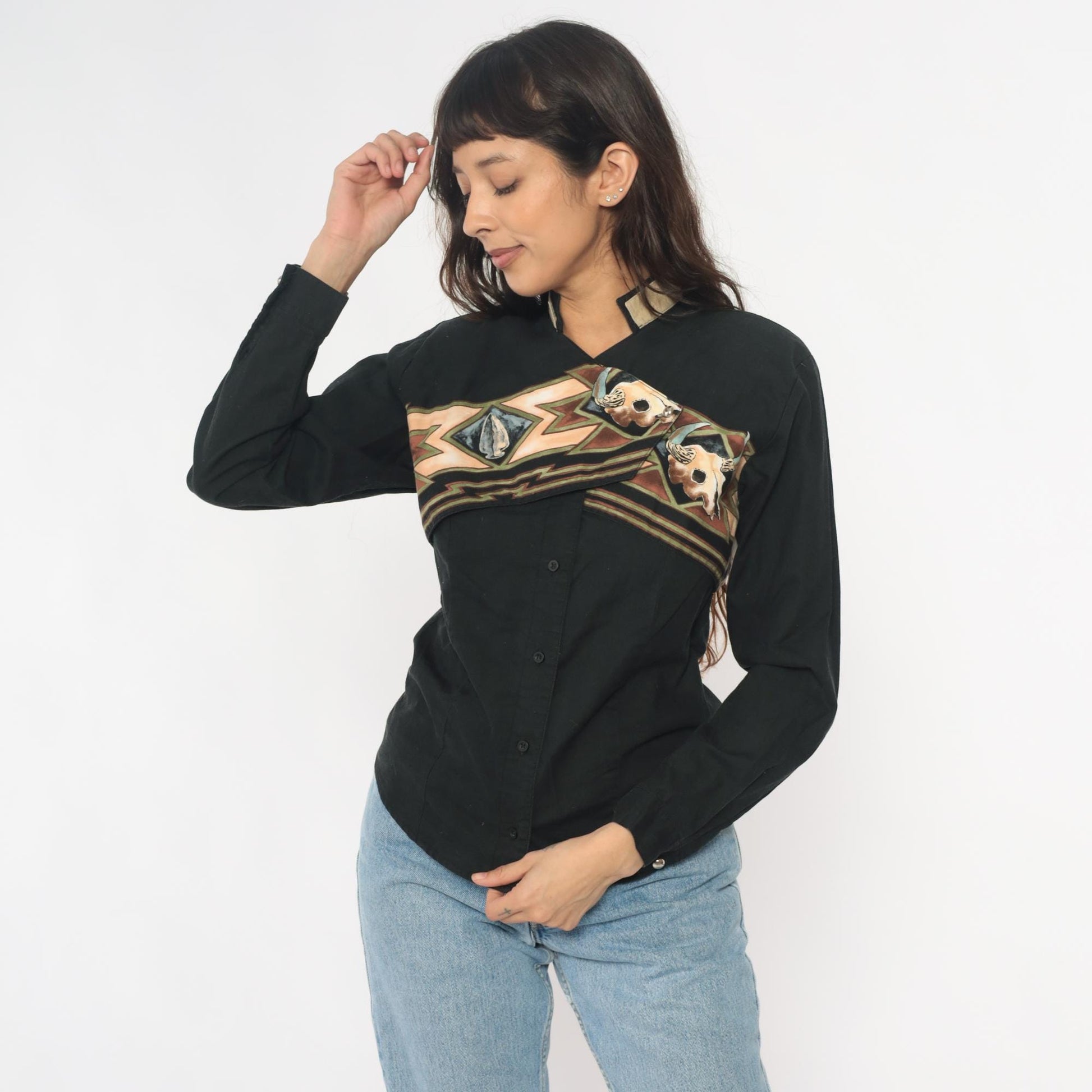 90s Roper Black Western Shirt Buffalo Skull Southwestern Appliqué Small