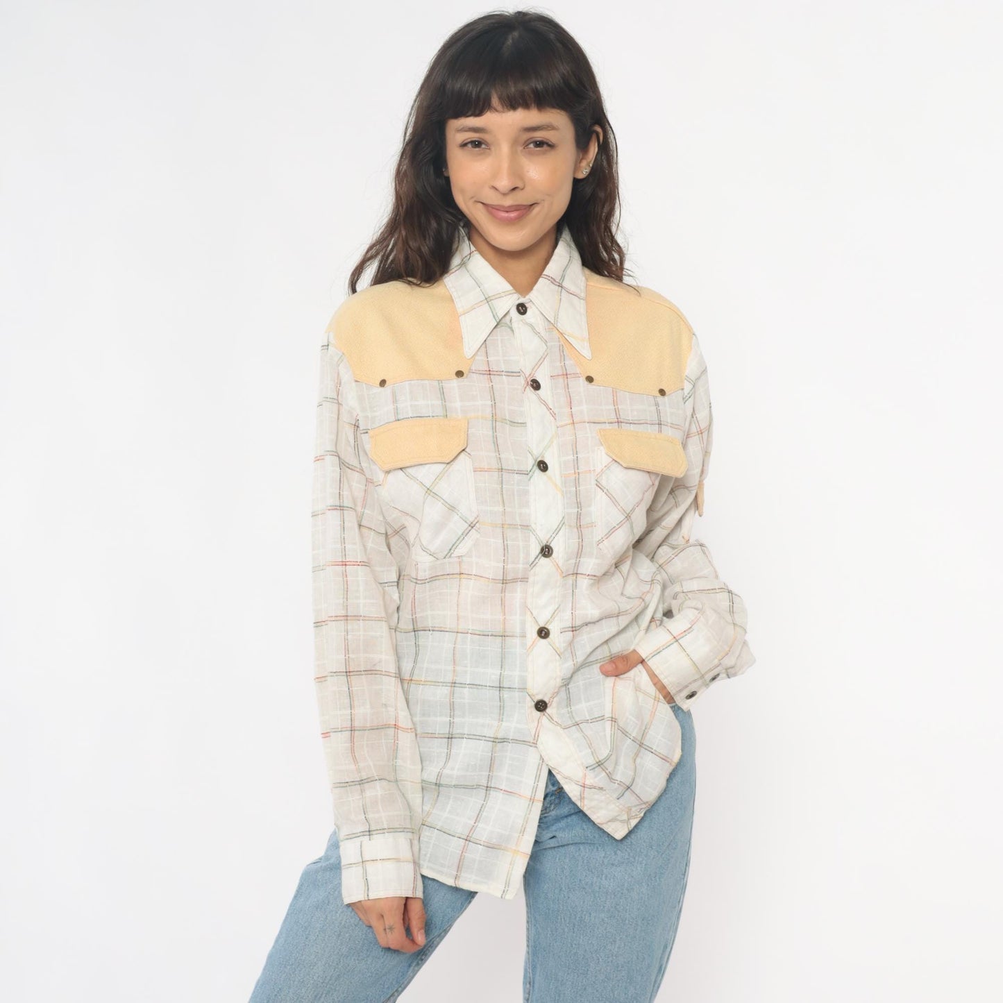 70s Kennington Western Shirt Plaid Cream Peach Yoke Button Front Medium