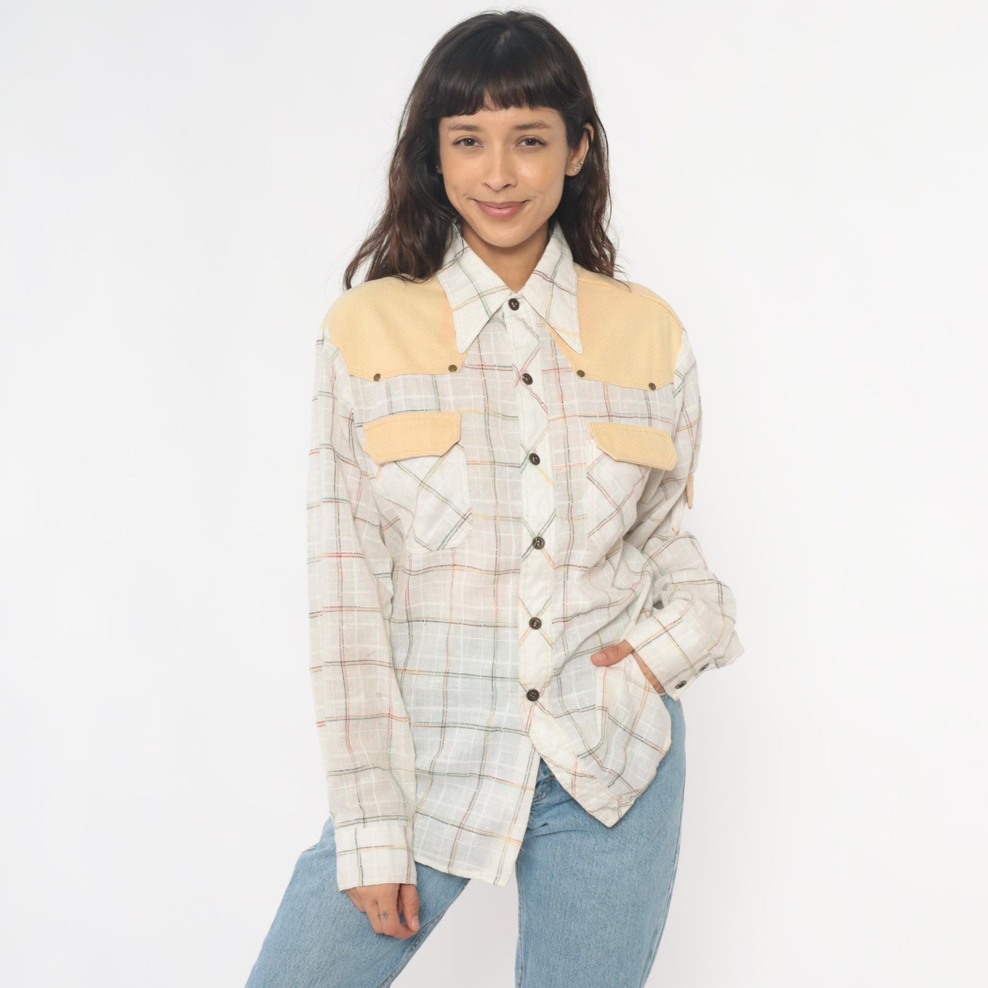 70s Kennington Western Shirt Plaid Cream Peach Yoke Button Front Medium