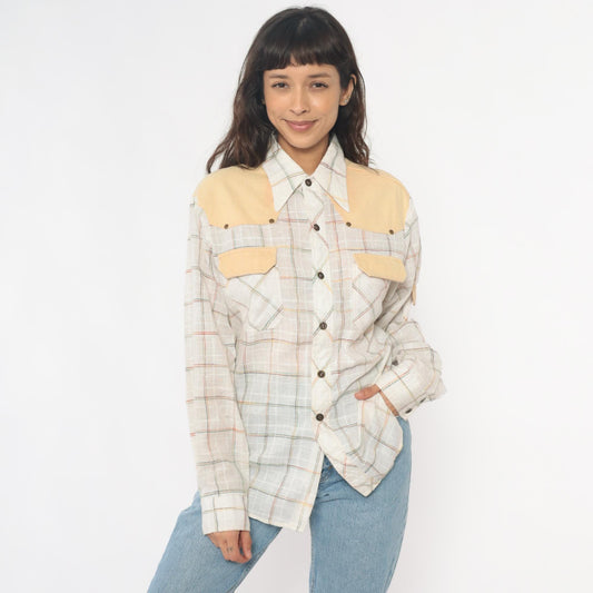70s Kennington Western Shirt Plaid Cream Peach Yoke Button Front Medium