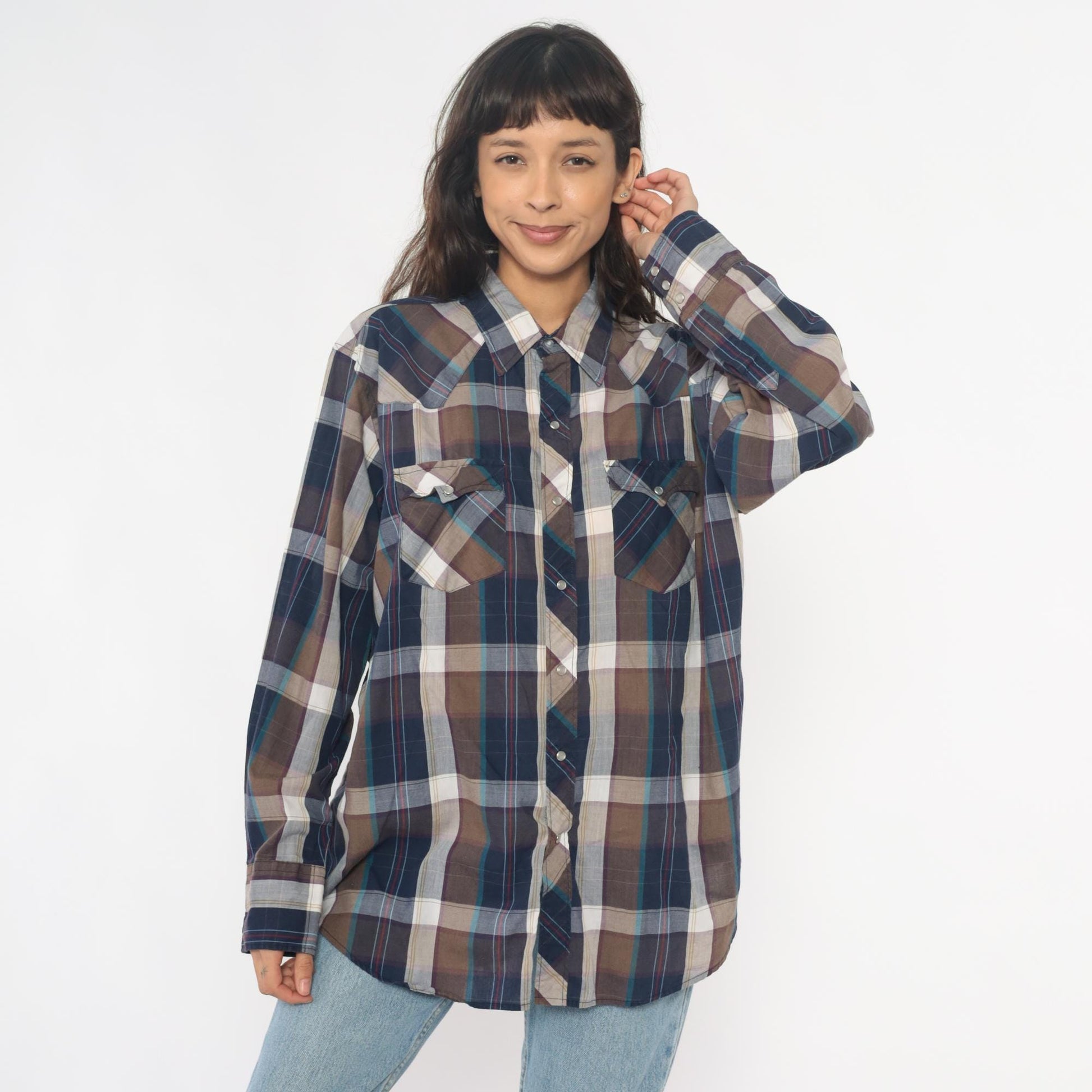 90s Youngbloods Western Shirt Pearl Snap Plaid Navy Brown Extra Large XL