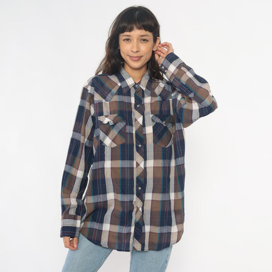 90s Youngbloods Western Shirt Pearl Snap Plaid Navy Brown Extra Large XL