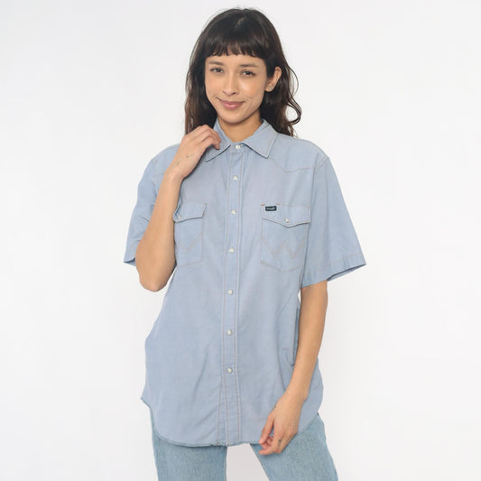 80s Wrangler Western Shirt Pearl Snap Light Blue Chambray Large